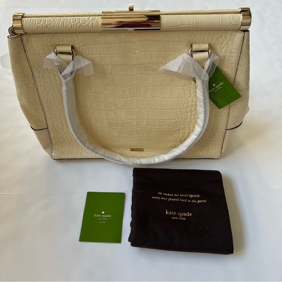 New Kate Spade Constance Knightsbridge Bone Croc Patent Leather Large Satchel - Picture 3 of 16